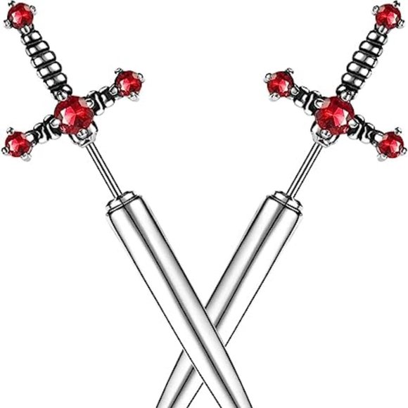 Gothic Sword Cool Punk‎ Dagger Earrings Black With Red Crystal - Picture 1 of 4